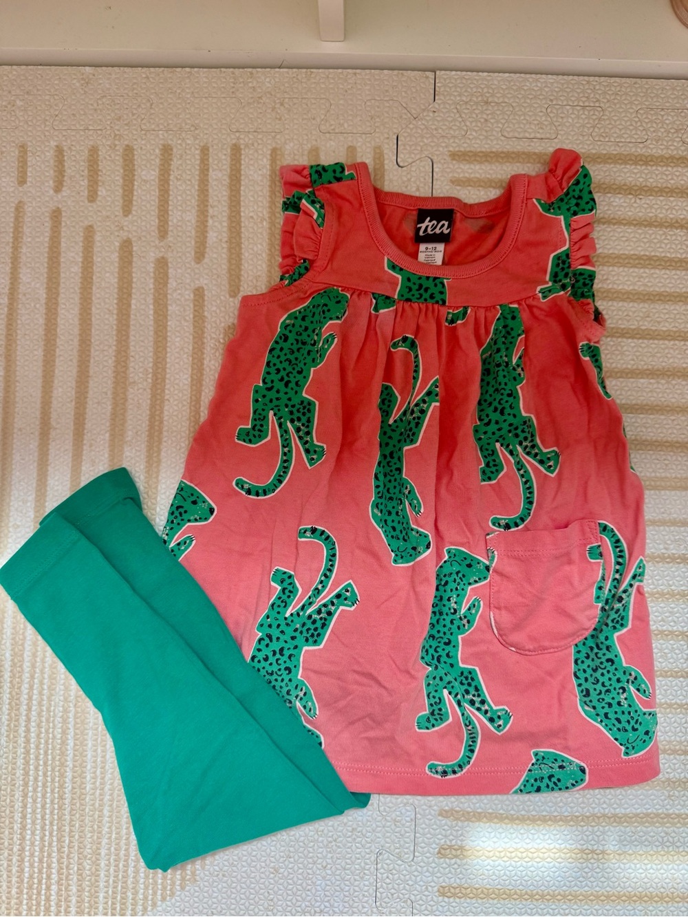 Tea Collection Coral Dress with Green Leopard Print and Green Leggings